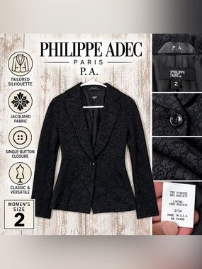 Philippe Adec Paris P.A. Jacquard Black Blazer Jacket Women’s Size 2